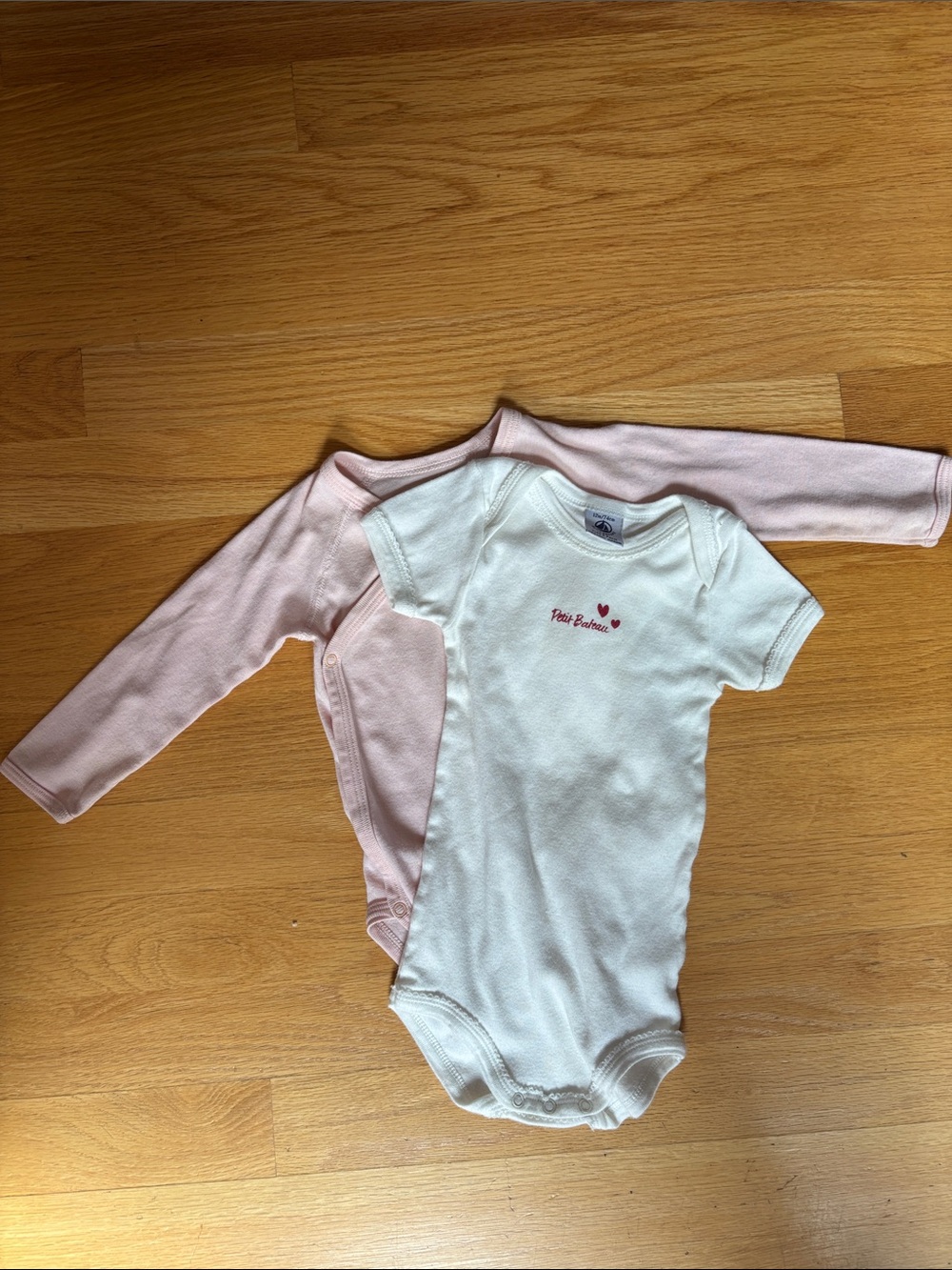 Lot of 2 Petit Bateau Cream and Pink One-Piece Bodysuits